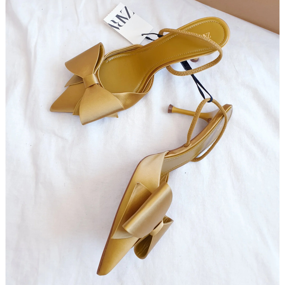 Zara Satin Slingback Heels Bow Pointed Toe Stiletto Wedding Party Sz 6.5 NWT - Picture 13 of 16